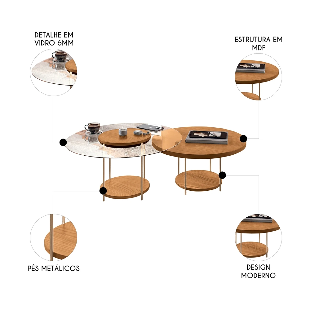 Mesa de Centro Para Sala Pés Metálicos Kit 2 Sky Cinamomo - HB Móveis
