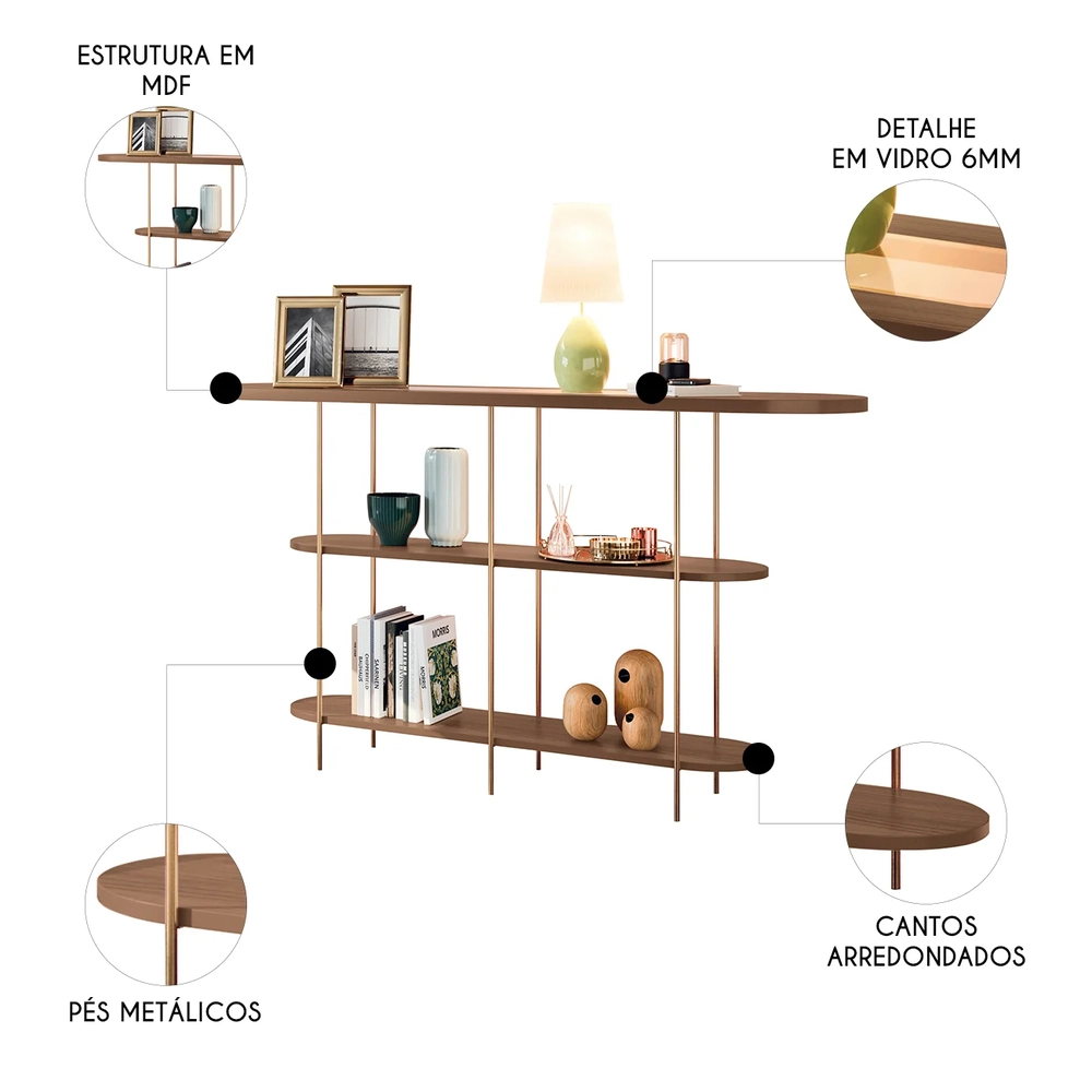 Aparador de Sala com Prateleiras Pé Metal Infinity Castanho - HB Móveis