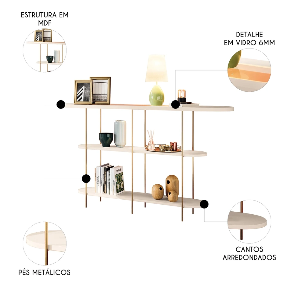 Aparador de Sala com Prateleiras Pé Metal Infinity Off White - HB Móveis