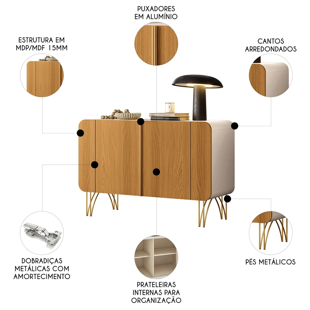 Balcão Aparador Buffet Pé Metal Benvenuto Cinamomo/Off - HB Móveis