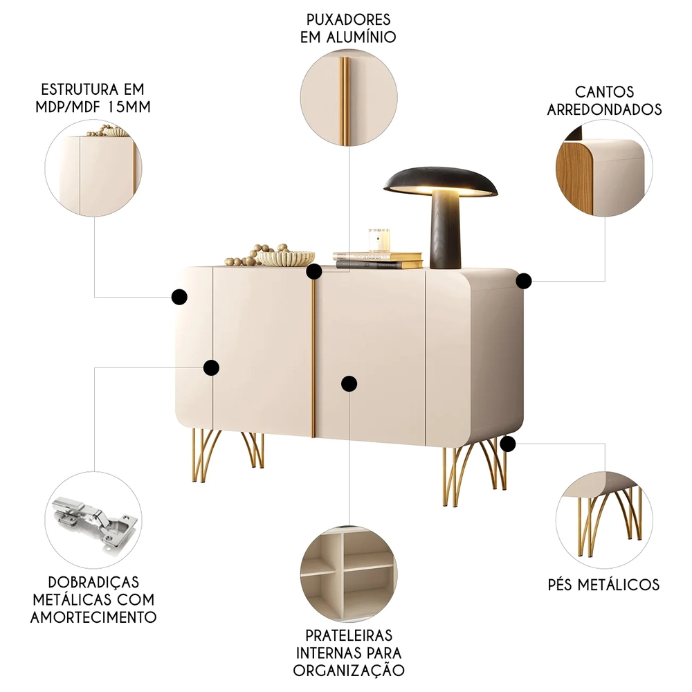 Balcão Aparador Buffet Pé Metal Benvenuto Off White - HB Móveis