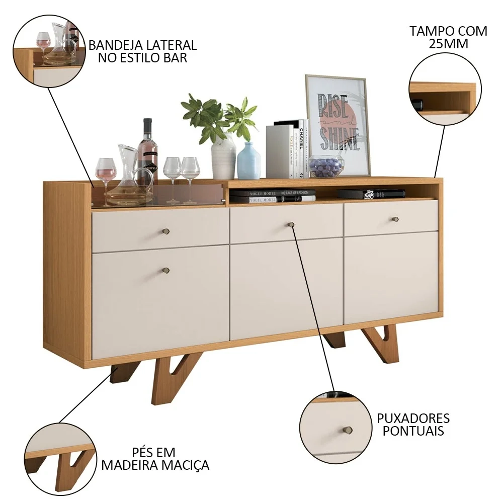 Balcão Aparador Buffet 2 Portas Sollare Off White/Cinamomo - HB Móveis