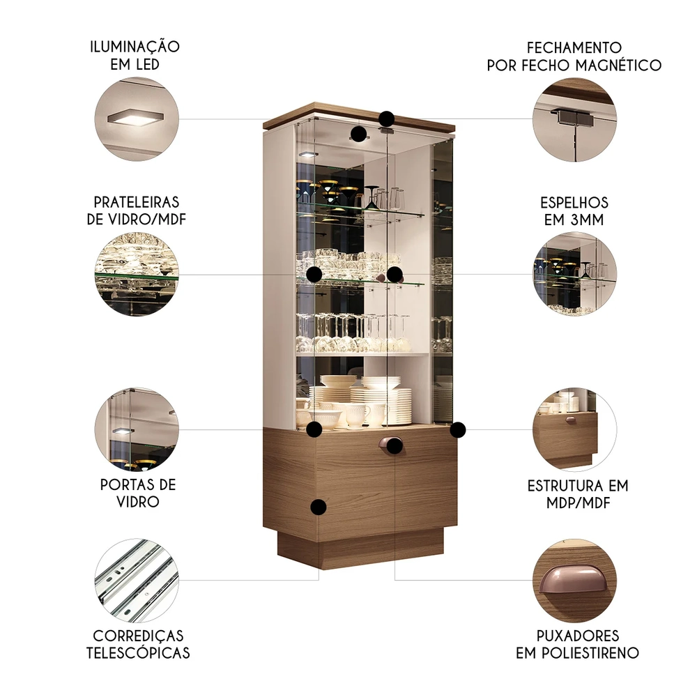 Cristaleira de Vidro com Espelho Aura Off/Castanho - HB Móveis