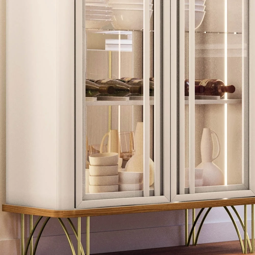 Cristaleira de Vidro com Espelho e LED Évora Off White/Cinamomo - HB Móveis