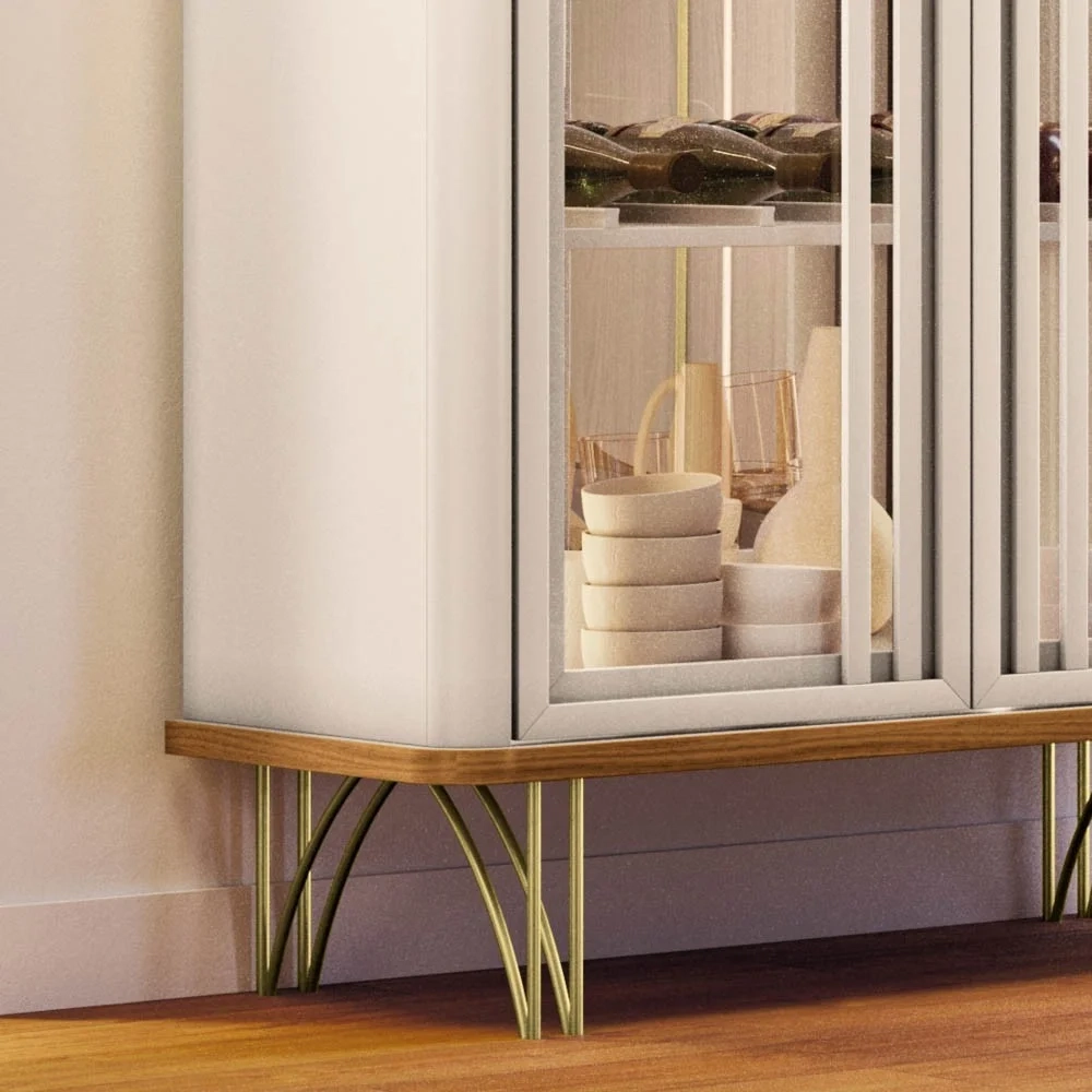Cristaleira de Vidro com Espelho e LED Évora Off White/Cinamomo - HB Móveis