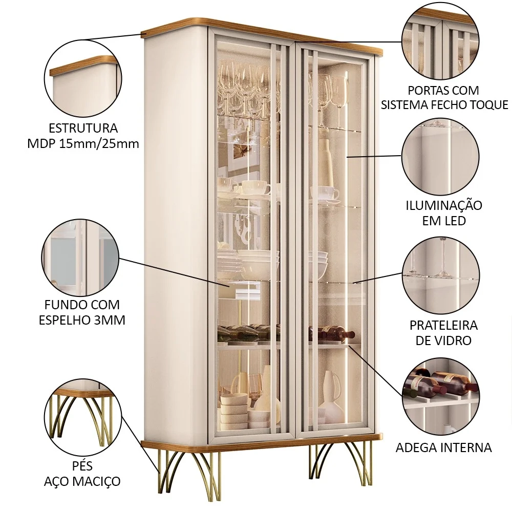 Cristaleira de Vidro com Espelho e LED Évora Off White/Cinamomo - HB Móveis