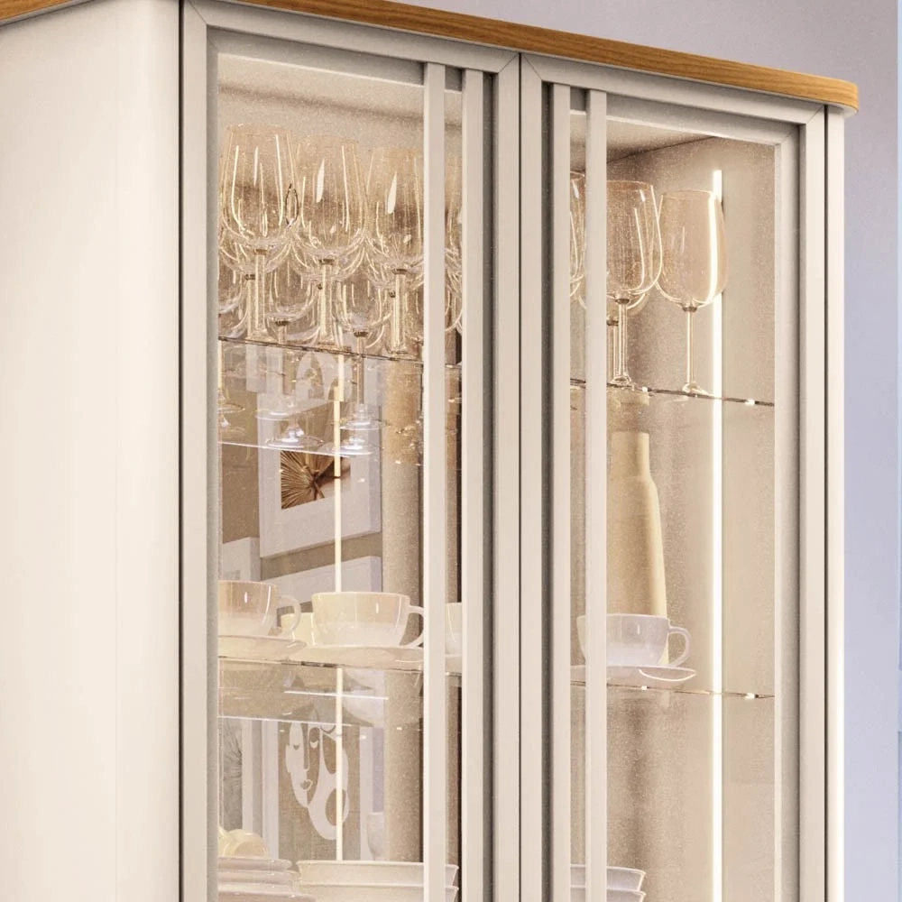 Cristaleira de Vidro com Espelho e LED Évora Off White/Cinamomo - HB Móveis