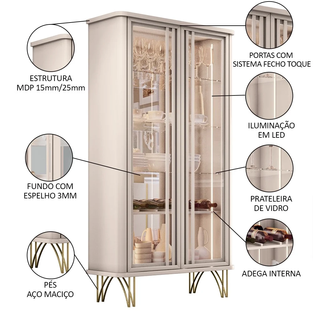 Cristaleira de Vidro com Espelho e LED Évora Off White - HB Móveis