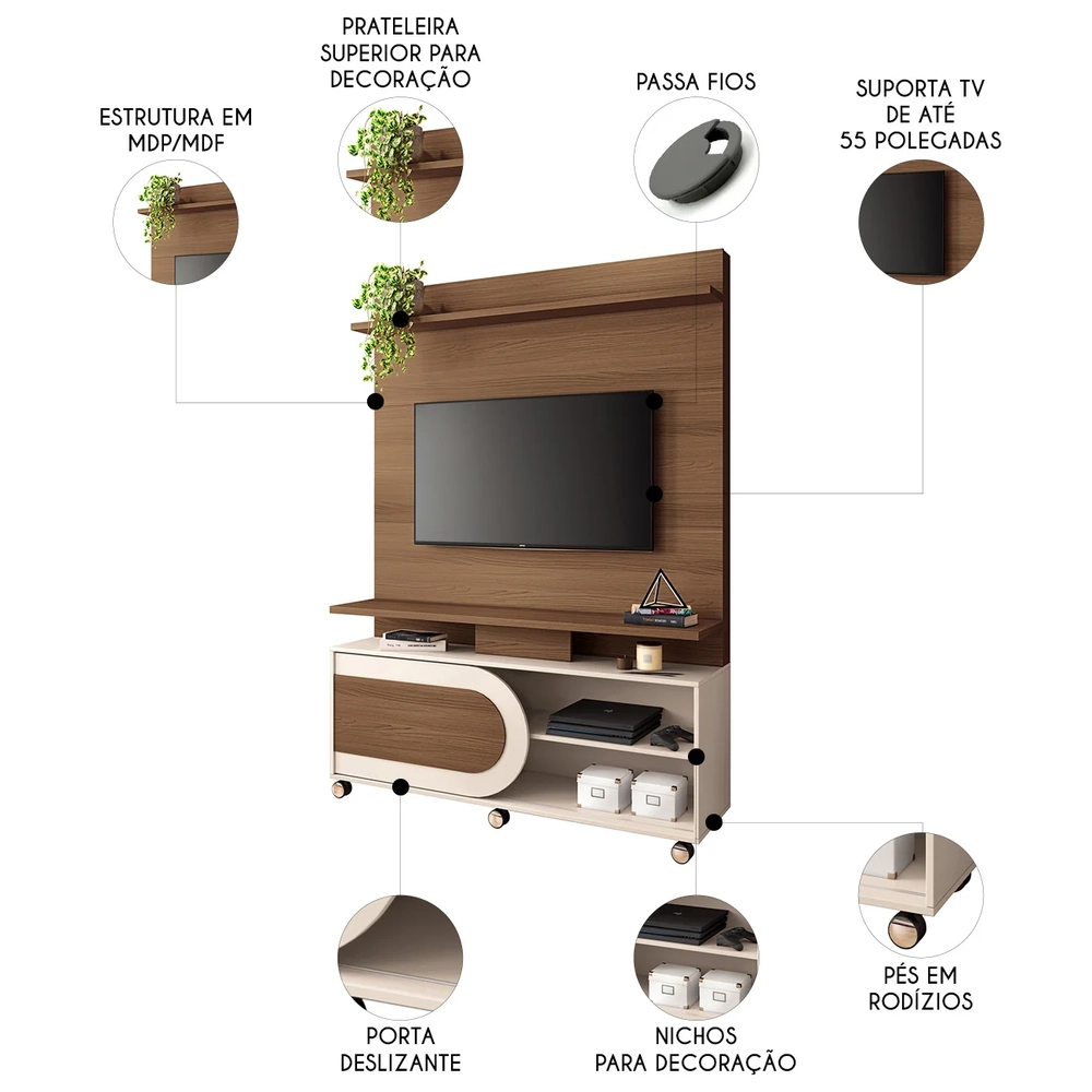 Estante Painel de TV 55 Pol 136cm Órbis Castanho/Off White - HB Móveis