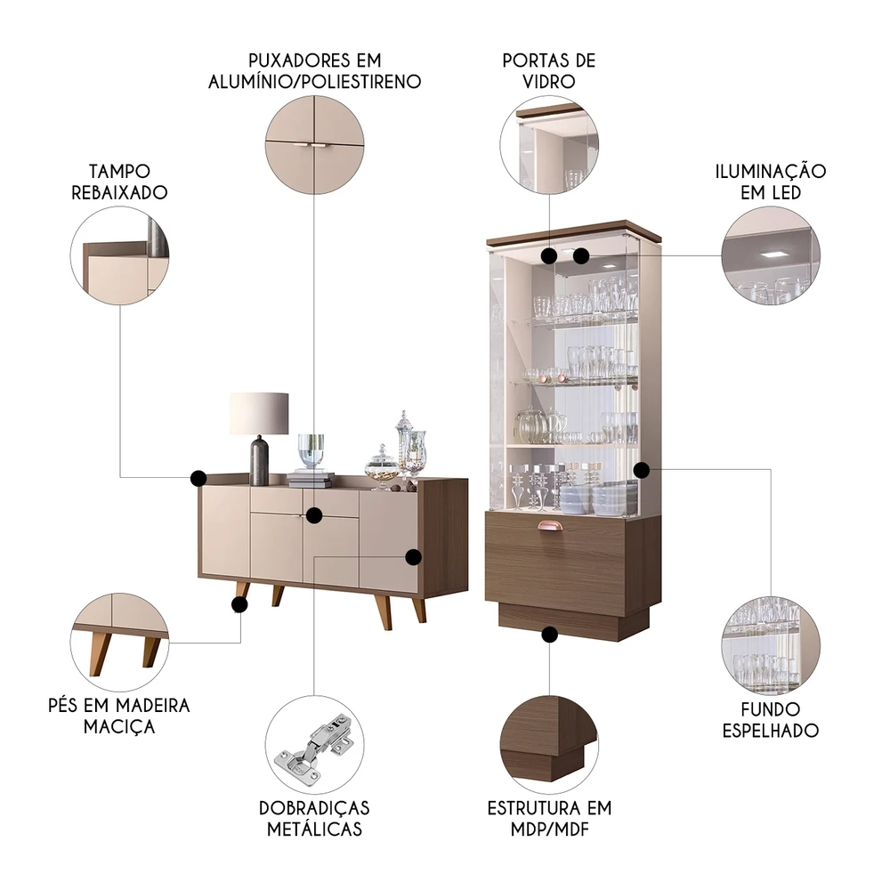 Buffet Aparador Sinfonia e Cristaleira Aruan H01 Off/Castanho - Mpozenato