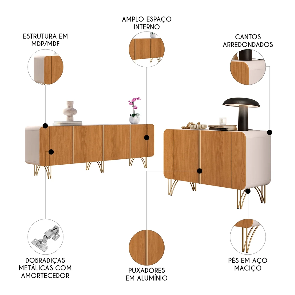 Balcão Aparador Buffet Piacente e Benvy H01 Off/Cinamomo - Mpozenato