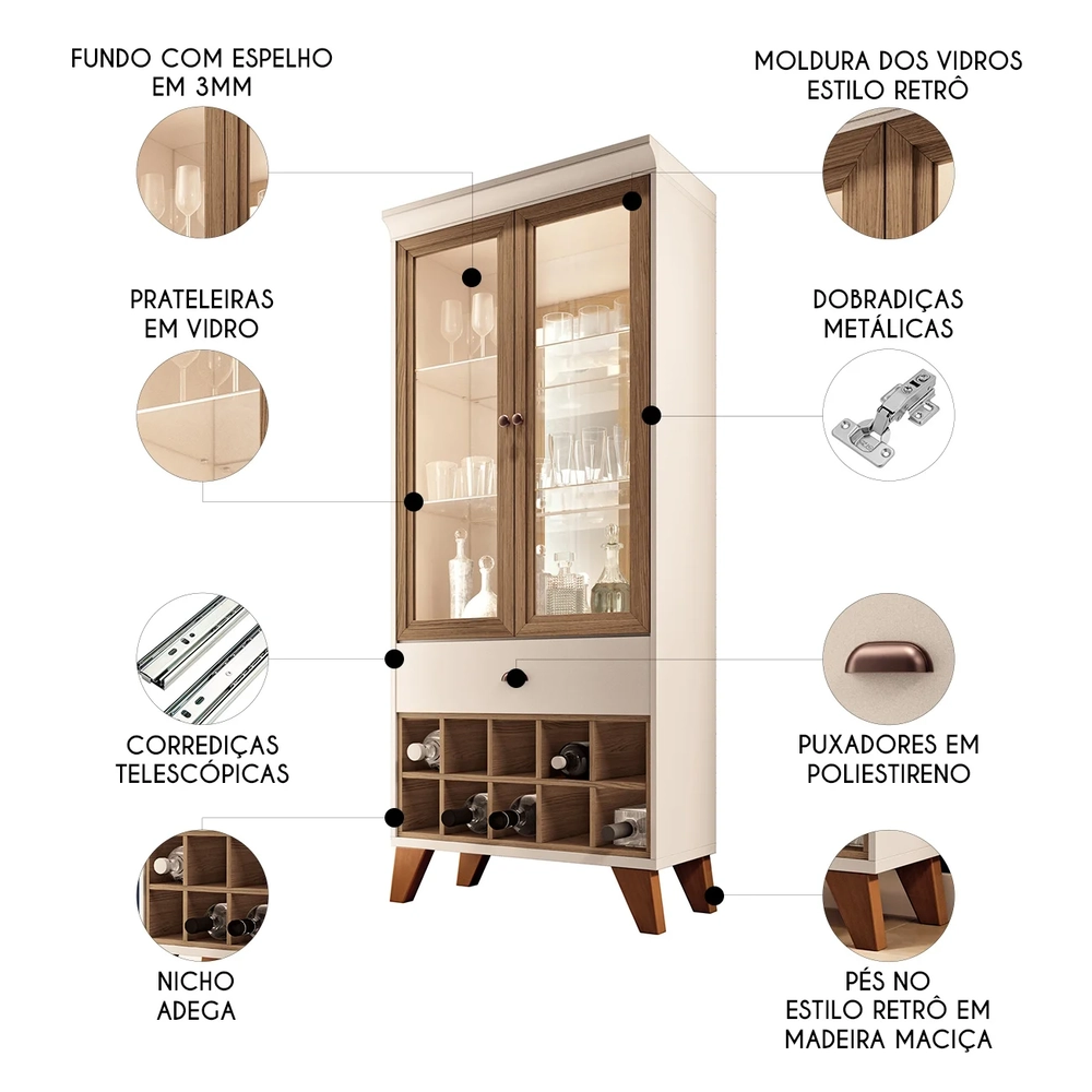 Buffet Aparador Ellora e Cristaleira Órfeo H01 Off/Castanho - Mpozenato