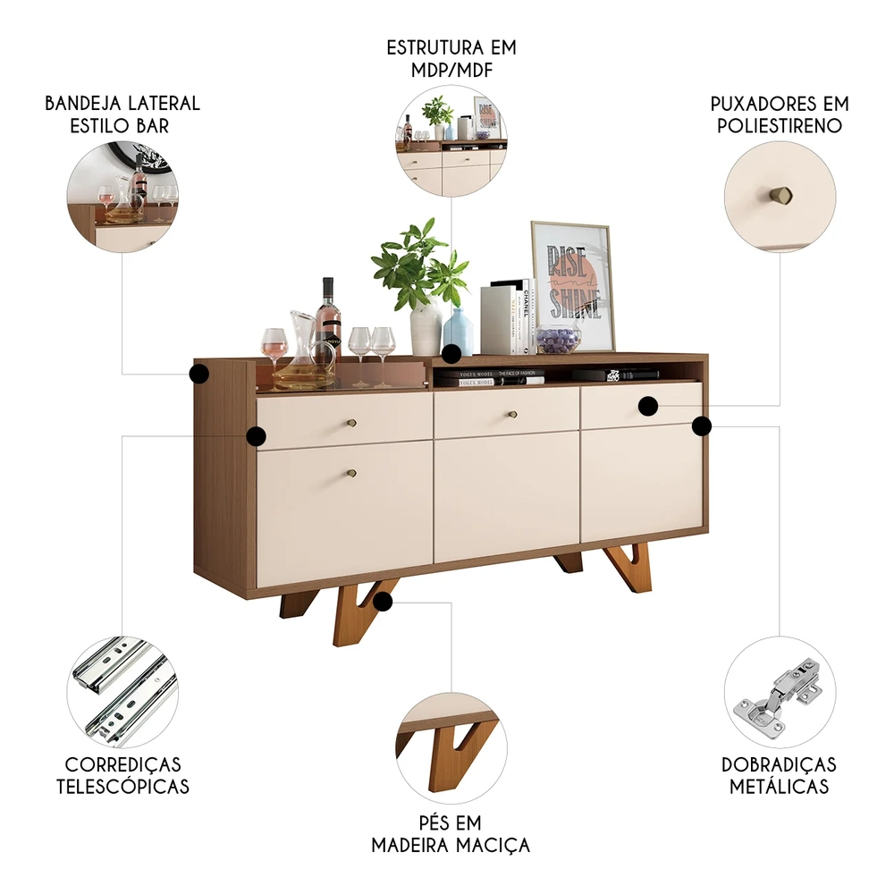 Buffet Aparador Ellora e Cristaleira Órfeo H01 Off/Castanho - Mpozenato