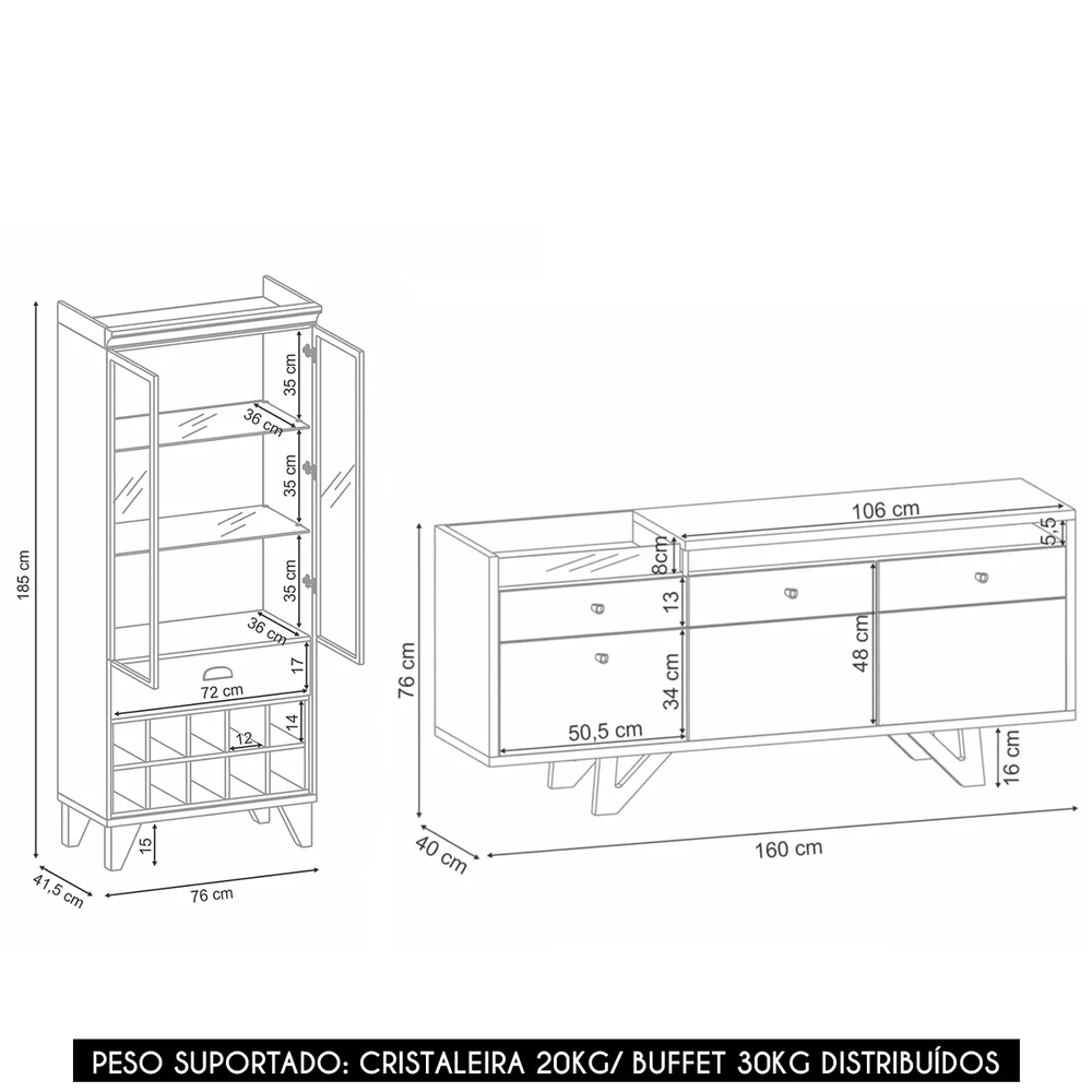 Buffet Aparador Ellora e Cristaleira Órfeo H01 Off/Castanho - Mpozenato