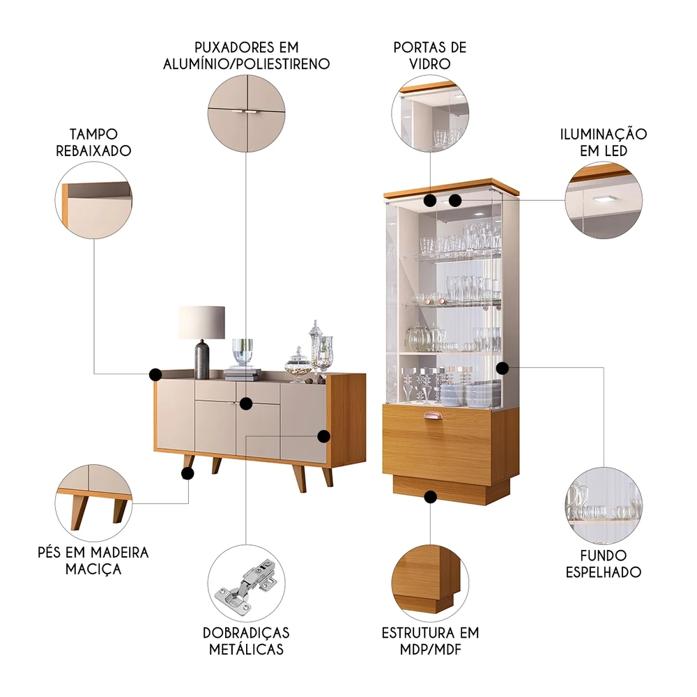Buffet Aparador Sinfonia e Cristaleira Aruan H01 Off/Cinamomo - Mpozenato