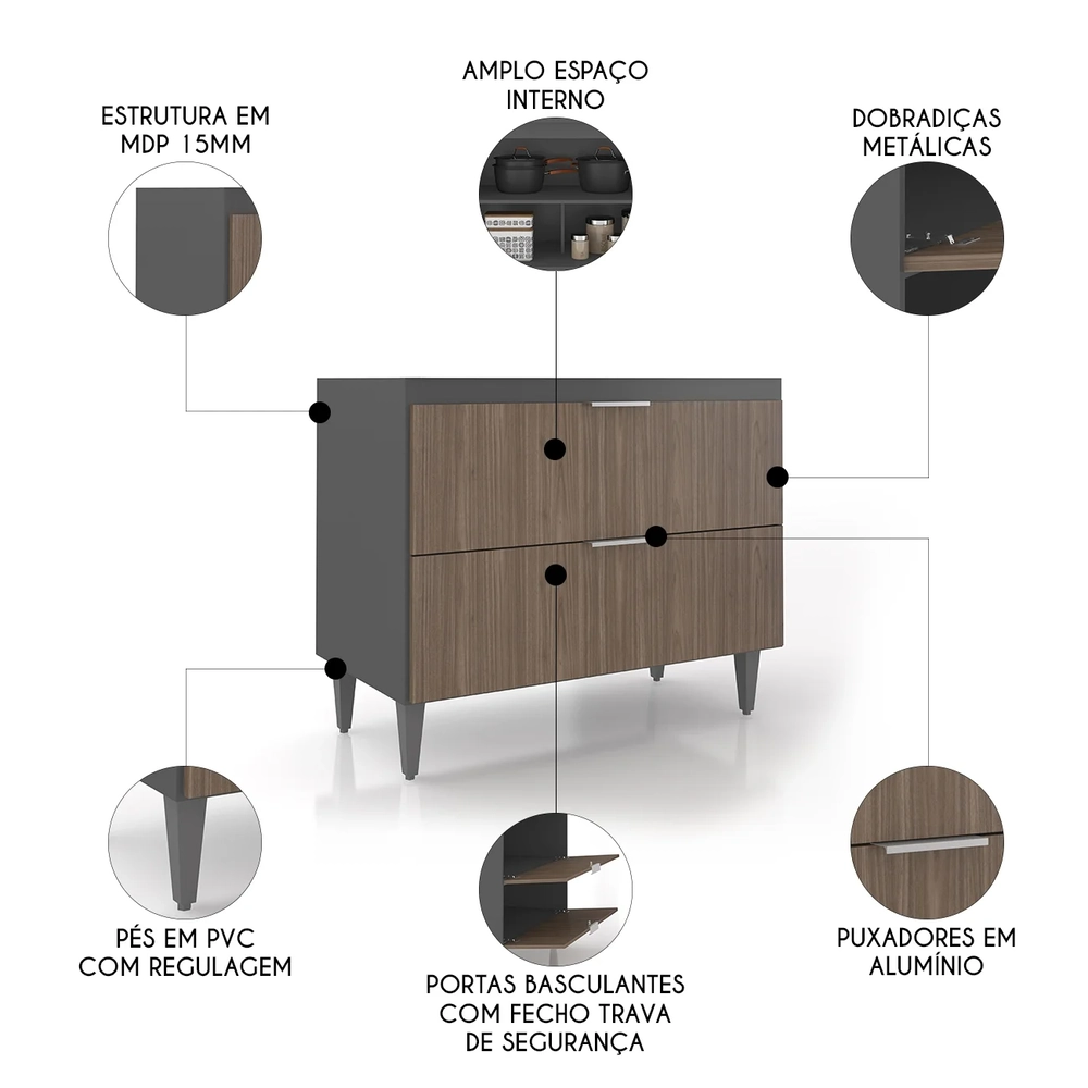 Balcão Para Pia 100cm Sem Tampo Pérola Z34 Grafite/Freijó   - Mpozenato