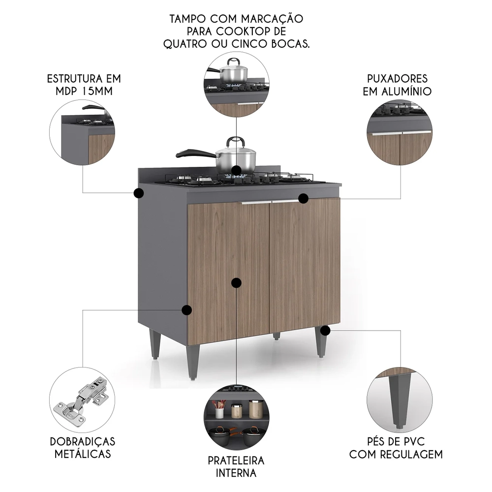 Balcão de Cozinha Para Cooktop 80cm Pérola Z34 Grafite/Freijó - Mpozenato