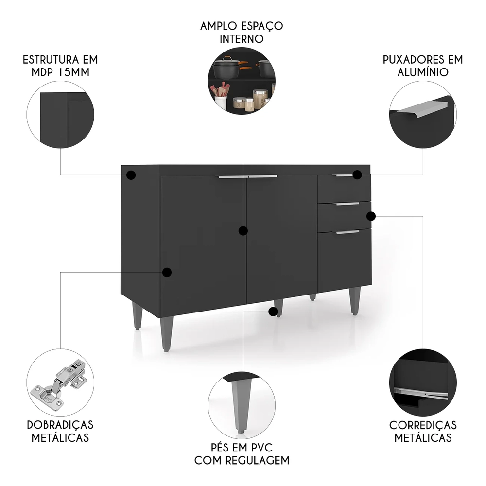 Balcão Para Pia 120cm Sem Tampo Pérola Z34 Preto            - Mpozenato