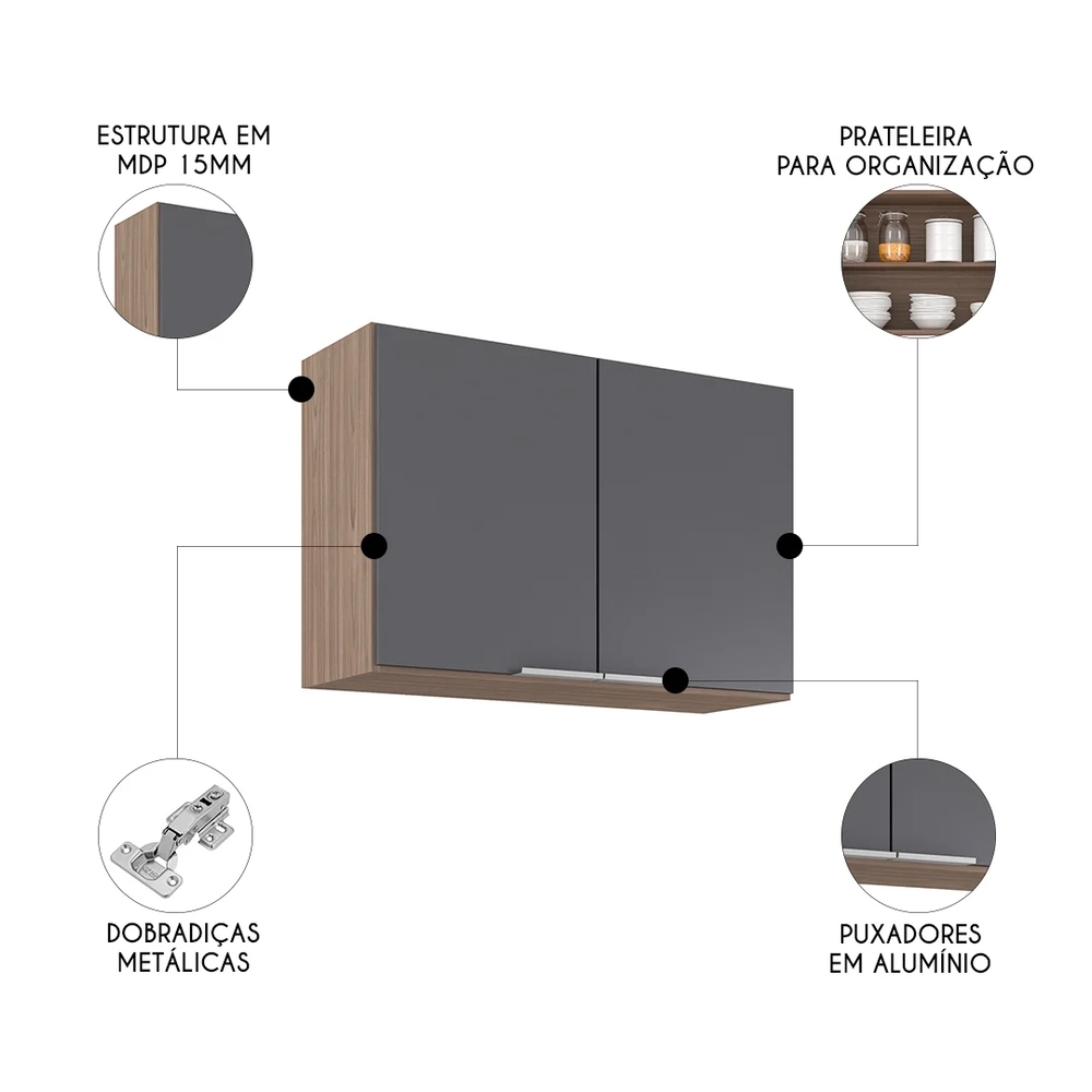 Armário de Cozinha Aéreo 80cm Pérola Z34 Freijó/Grafite     - Mpozenato