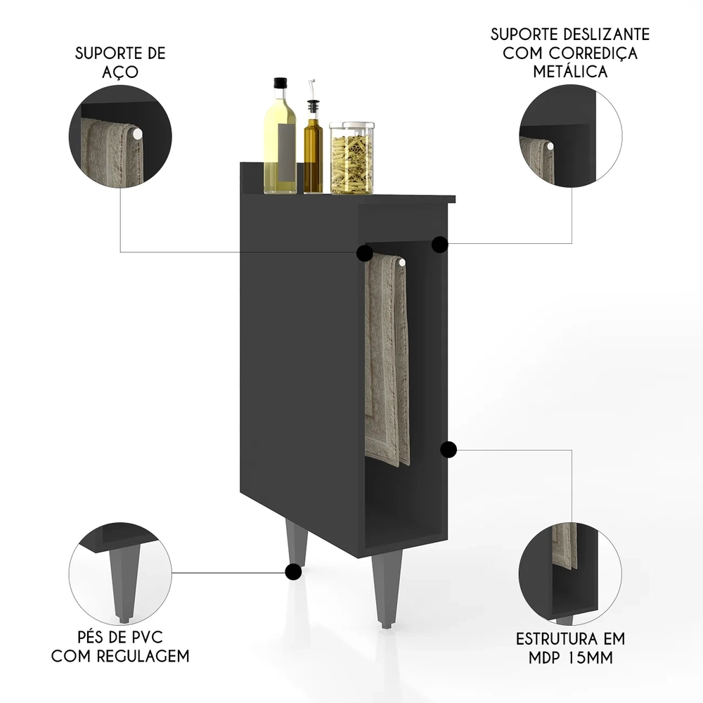 Balcão de Cozinha Porta Pano 20cm Pérola Z34 Preto          - Mpozenato