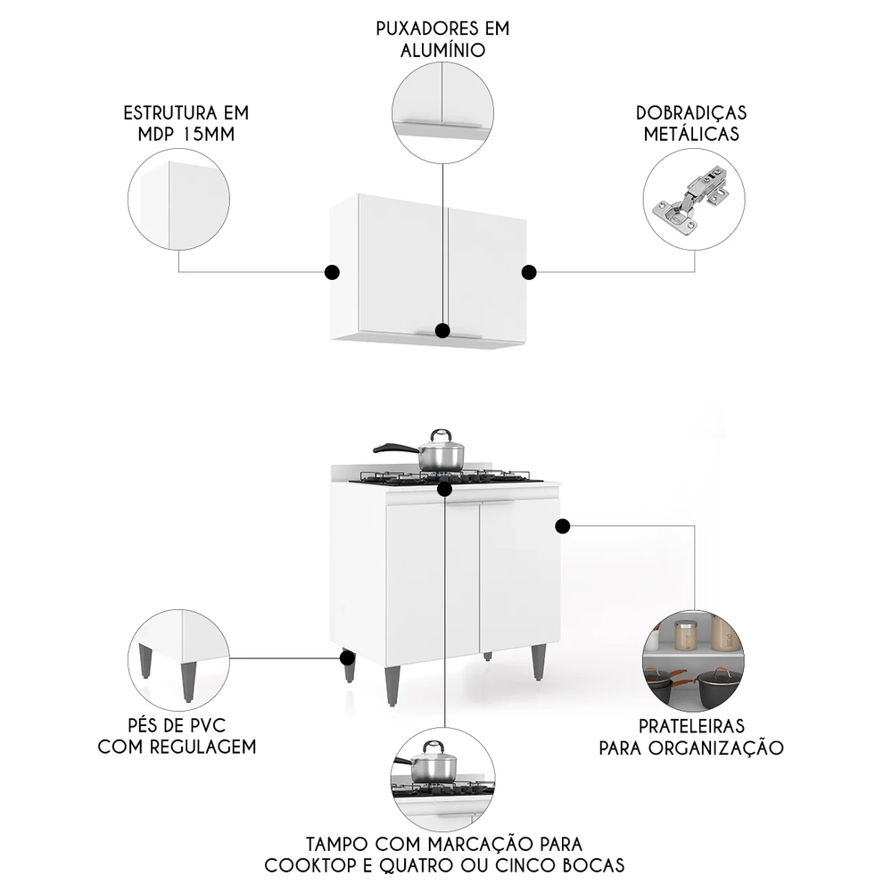 Armário de Cozinha e Balcão Cooktop Pérola Z34 Branco       - Mpozenato