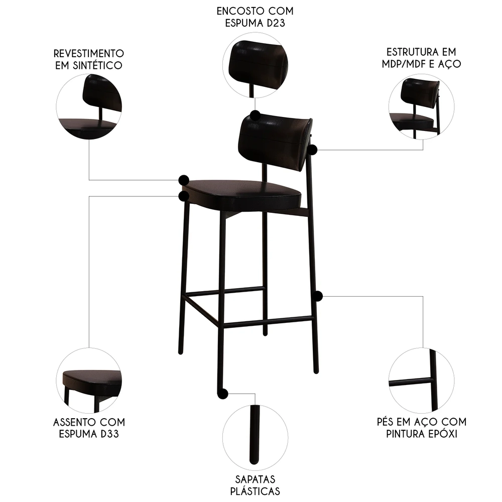Banqueta Alta Bar Estofada Kit 3 Ella M25 Sintético Preto - Mpozenato