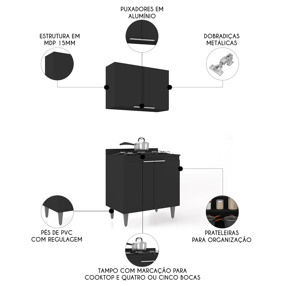 Armário de Cozinha e Balcão Cooktop Pérola Z34 Preto        - Mpozenato