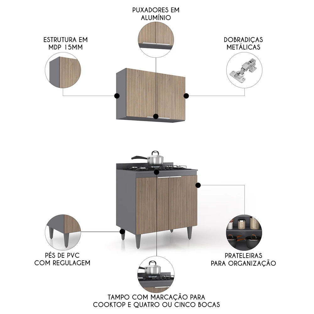 Armário de Cozinha e Balcão Cooktop Pérola Z34 Grafite/Freijó - Mpozenato