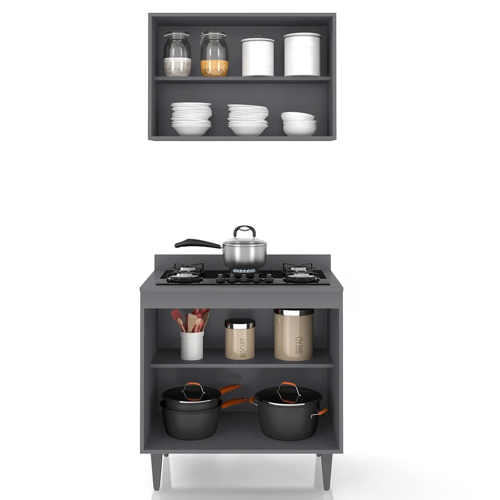 Armário de Cozinha e Balcão Cooktop Pérola Z34 Grafite/Freijó - Mpozenato