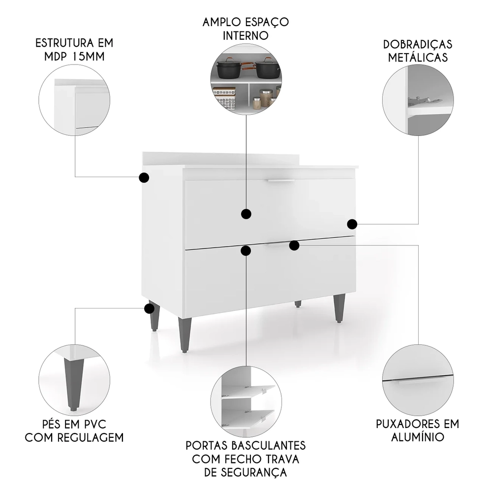 Balcão de Cozinha Com Tampo 100cm Pérola Branco Z34         - Mpozenato