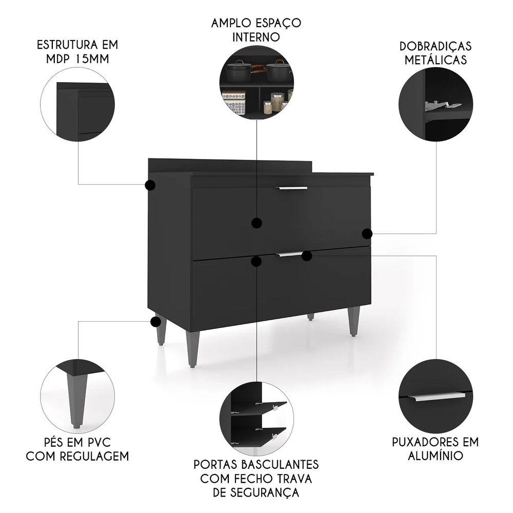 Balcão de Cozinha Com Tampo 100cm Pérola Preto Z34          - Mpozenato