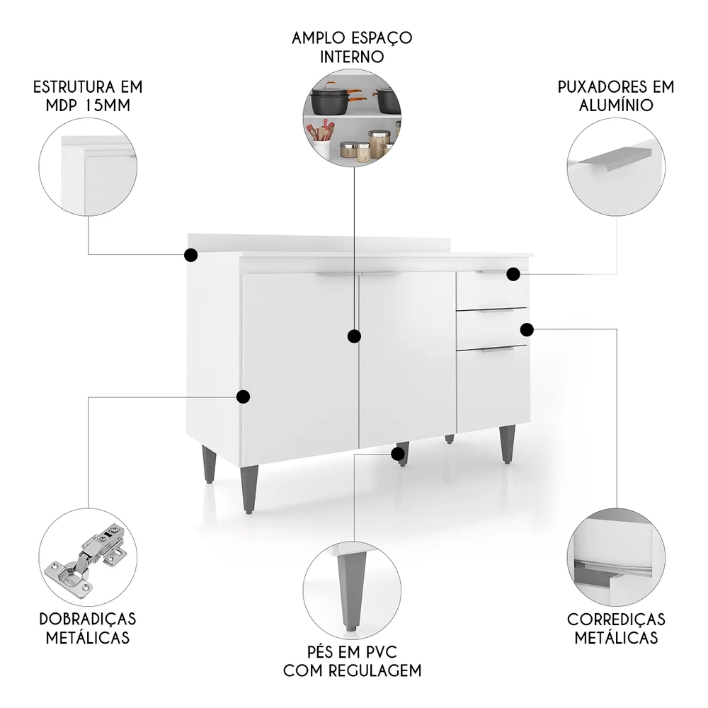 Balcão de Cozinha Com Tampo 120cm Pérola Branco Z34         - Mpozenato