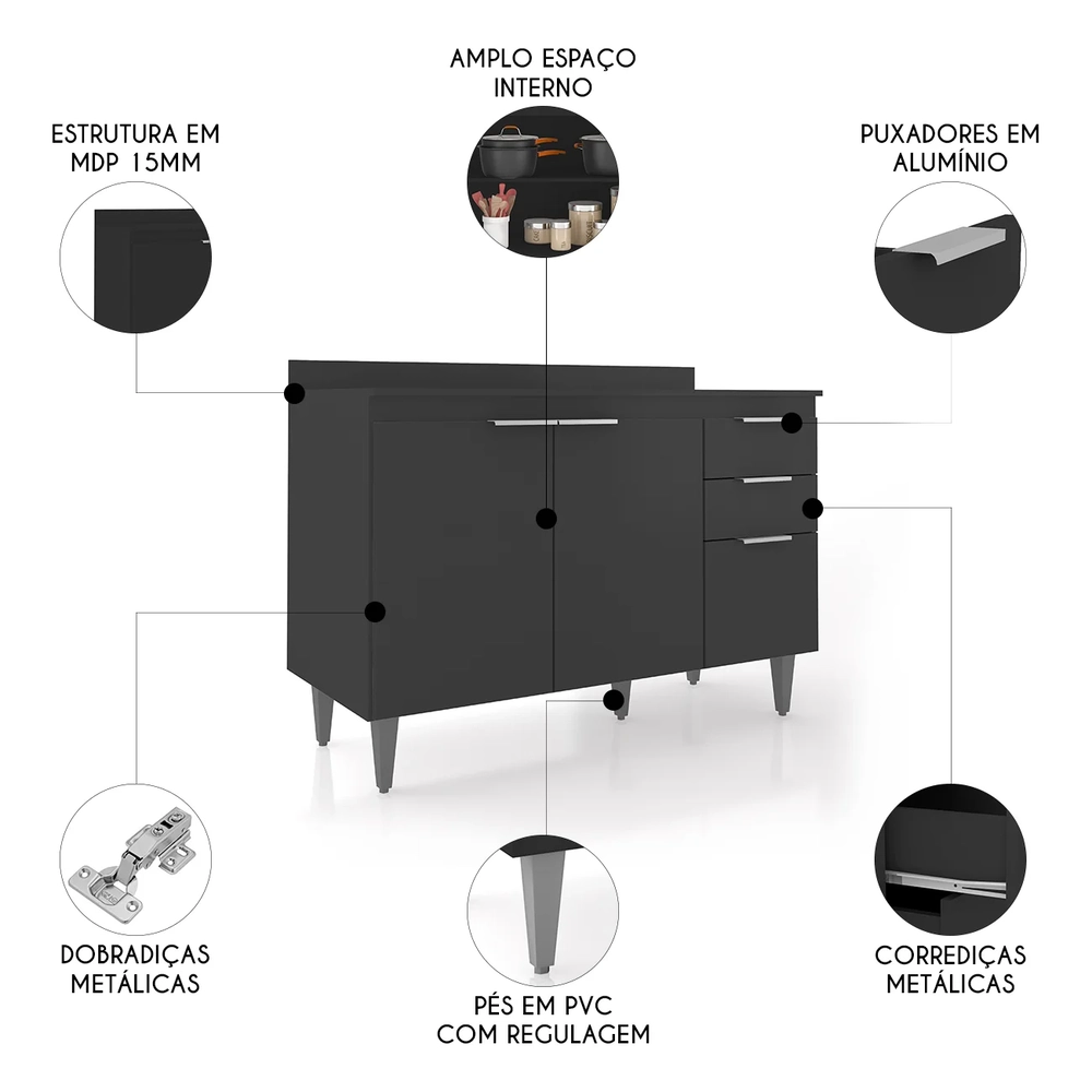 Balcão de Cozinha Com Tampo 120cm Pérola Preto Z34          - Mpozenato