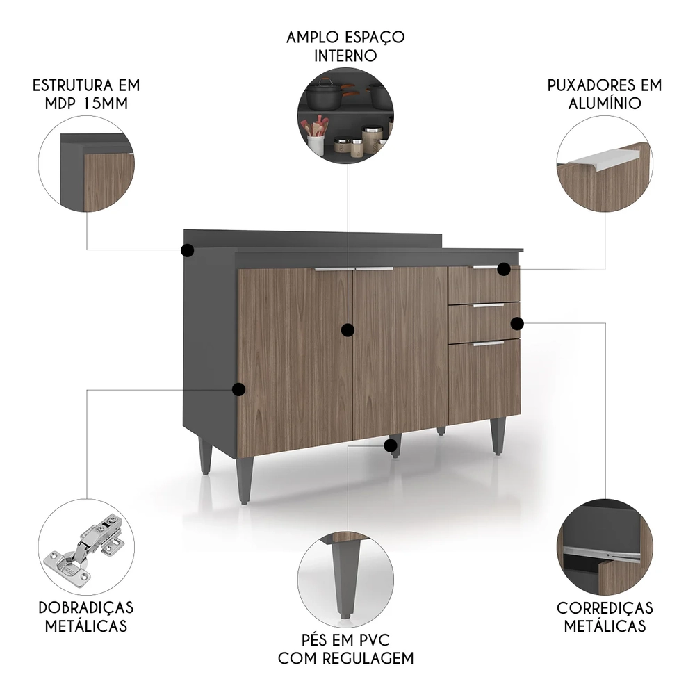 Balcão de Cozinha Com Tampo 120cm Pérola Grafite/Freijó Z34 - Mpozenato