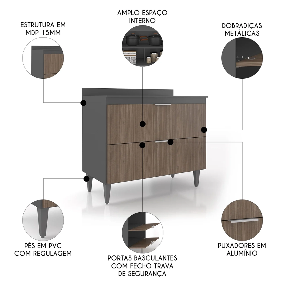 Balcão de Cozinha Com Tampo 100cm Pérola Grafite/Freijó Z34  - Mpozenato
