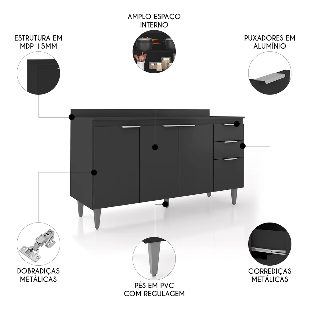 Balcão de Cozinha Com Tampo 150cm Pérola Preto Z34          - Mpozenato