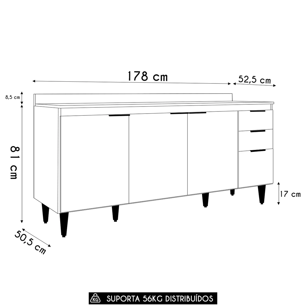 Balcão de Cozinha Com Tampo 180cm Pérola Branco Z34         - Mpozenato
