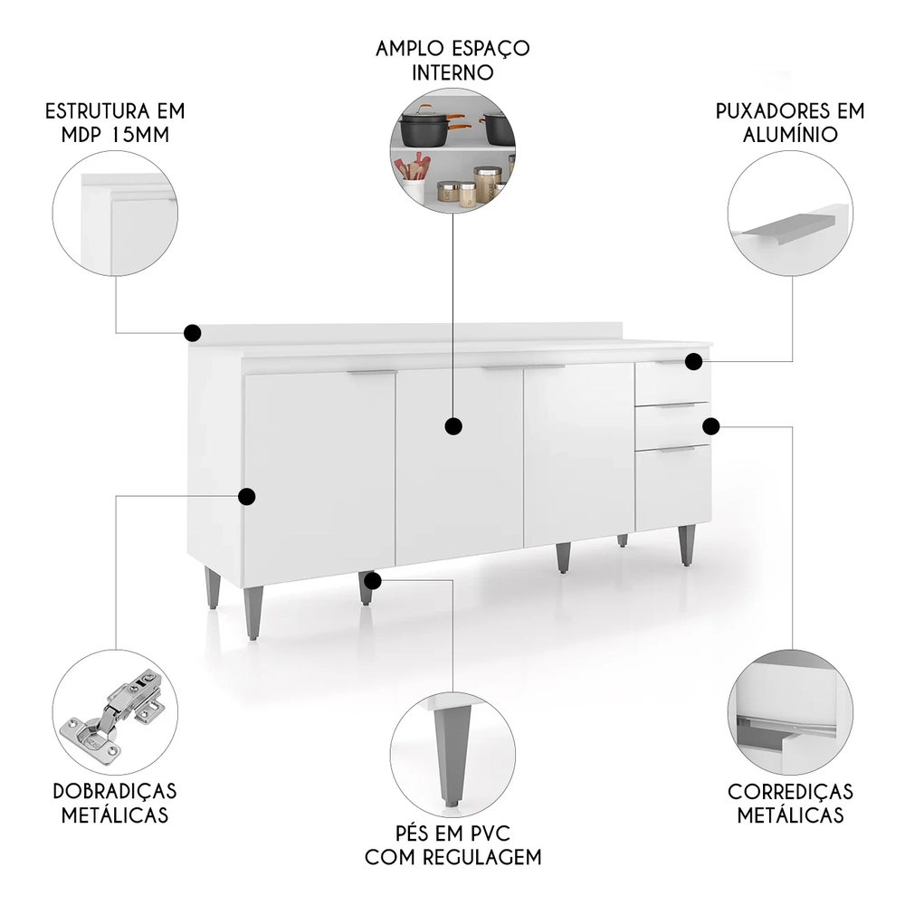 Balcão de Cozinha Com Tampo 180cm Pérola Branco Z34         - Mpozenato
