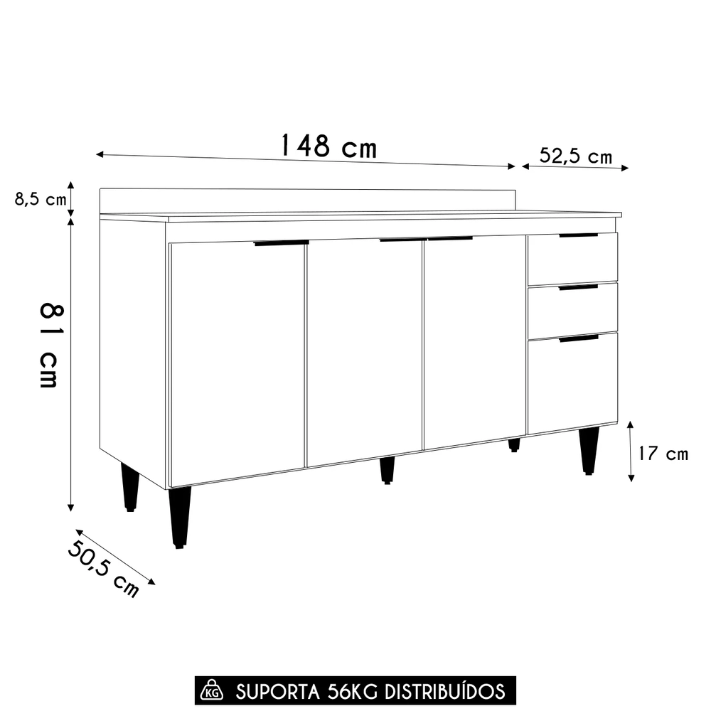 Balcão de Cozinha Com Tampo 150cm Pérola Branco Z34         - Mpozenato