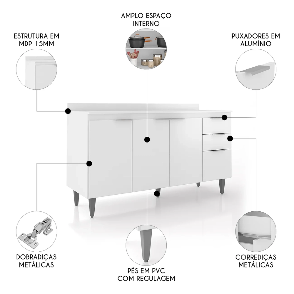 Balcão de Cozinha Com Tampo 150cm Pérola Branco Z34         - Mpozenato