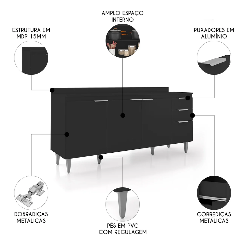 Balcão de Cozinha Com Tampo 180cm Pérola Preto Z34          - Mpozenato