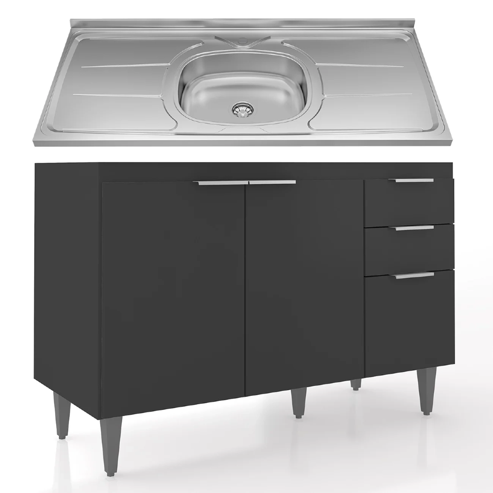 Balcão de Cozinha Com Pia Inox 120cm Pérola Z34 Preto - Mpozenato