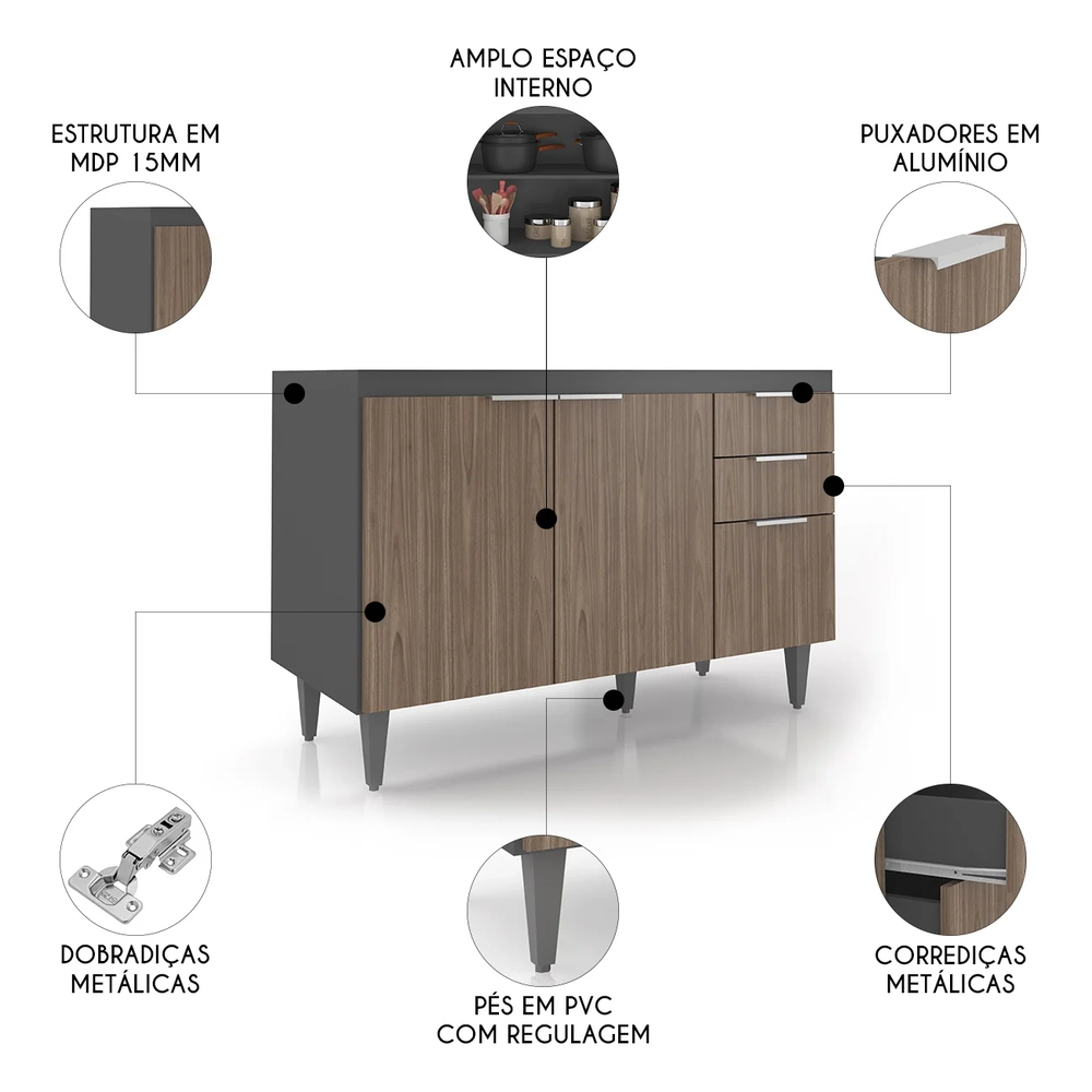 Balcão de Cozinha Com Pia Inox 120cm Pérola Z34 Grafite/Freijó - Mpozenato