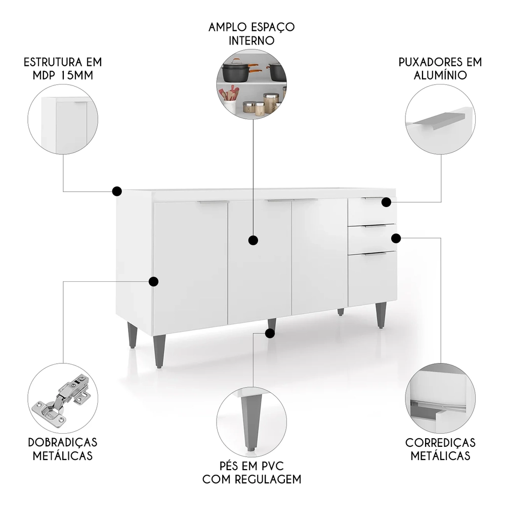 Balcão de Cozinha Com Pia Inox 150cm Pérola Z34 Branco      - Mpozenato