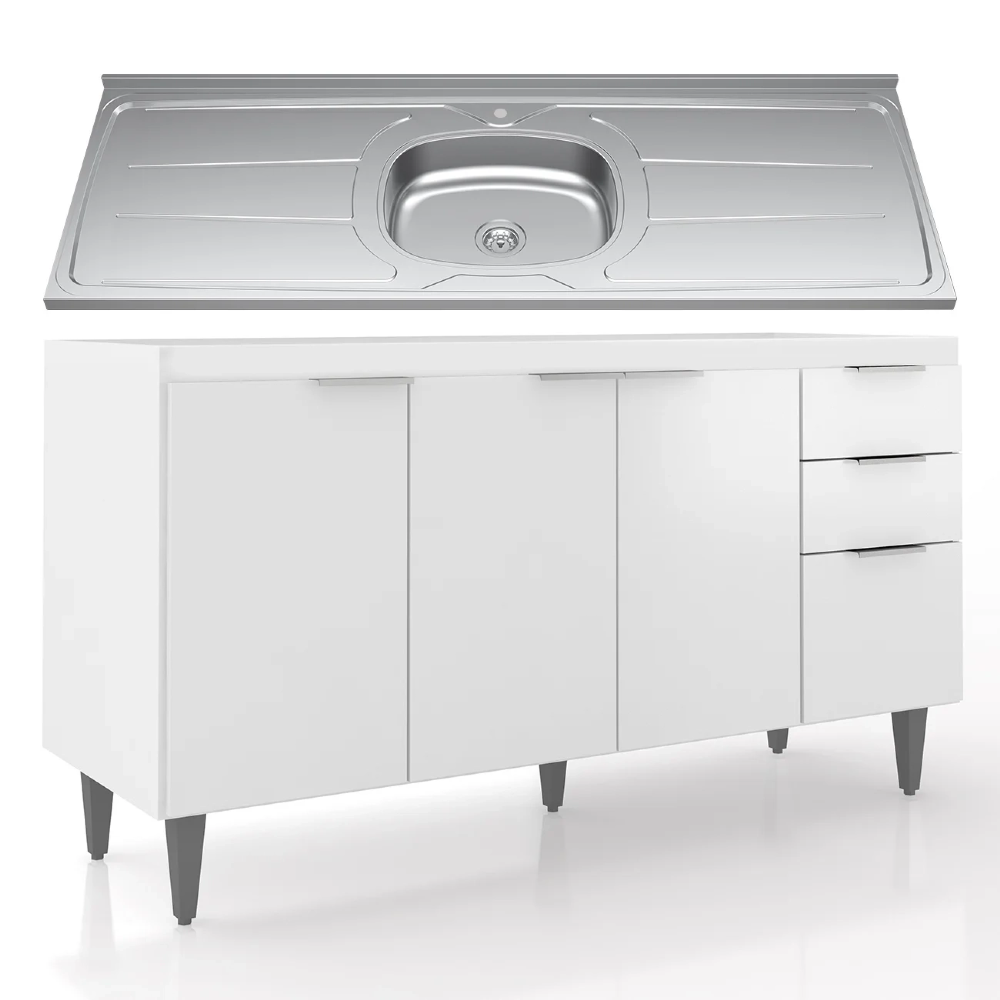 Balcão de Cozinha Com Pia Inox 150cm Pérola Z34 Branco - Mpozenato