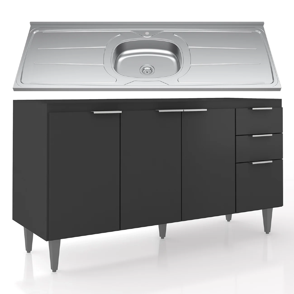 Balcão de Cozinha Com Pia Inox 150cm Pérola Z34 Preto - Mpozenato
