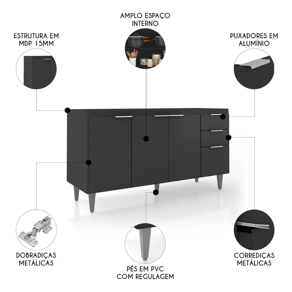 Balcão de Cozinha Com Pia Inox 150cm Pérola Z34 Preto       - Mpozenato
