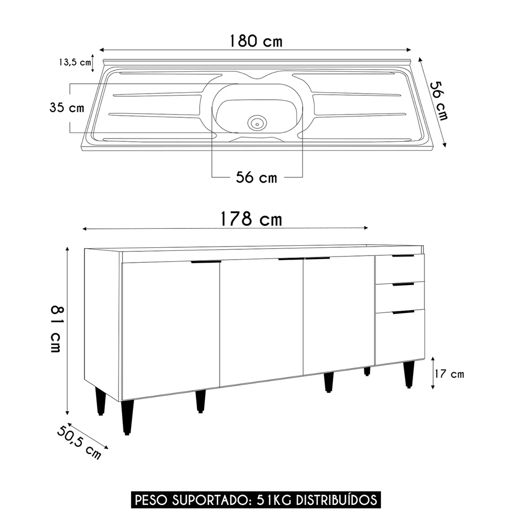 Balcão de Cozinha Com Pia Inox 180cm Pérola Z34 Branco      - Mpozenato