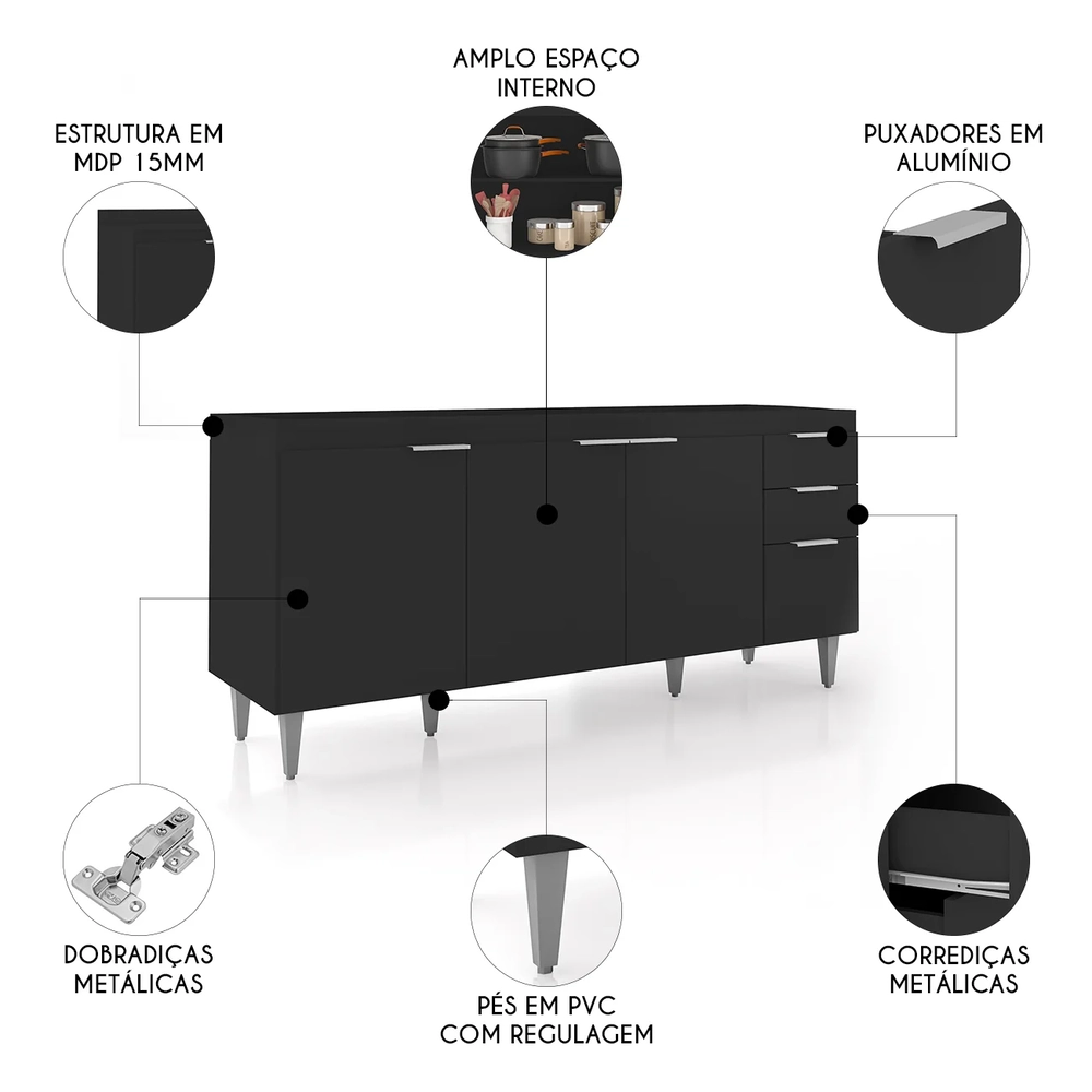 Balcão de Cozinha Com Pia Inox 180cm Pérola Z34 Preto       - Mpozenato