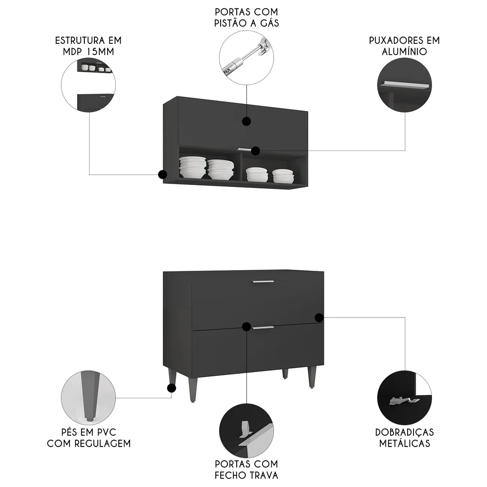 Armário de Cozinha CP01 Para Pia 100cm Pérola Z34 Preto     - Mpozenato